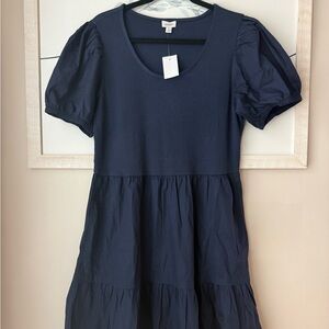 J. Crew Navy Puff-Sleeve Tiered Casual Dress